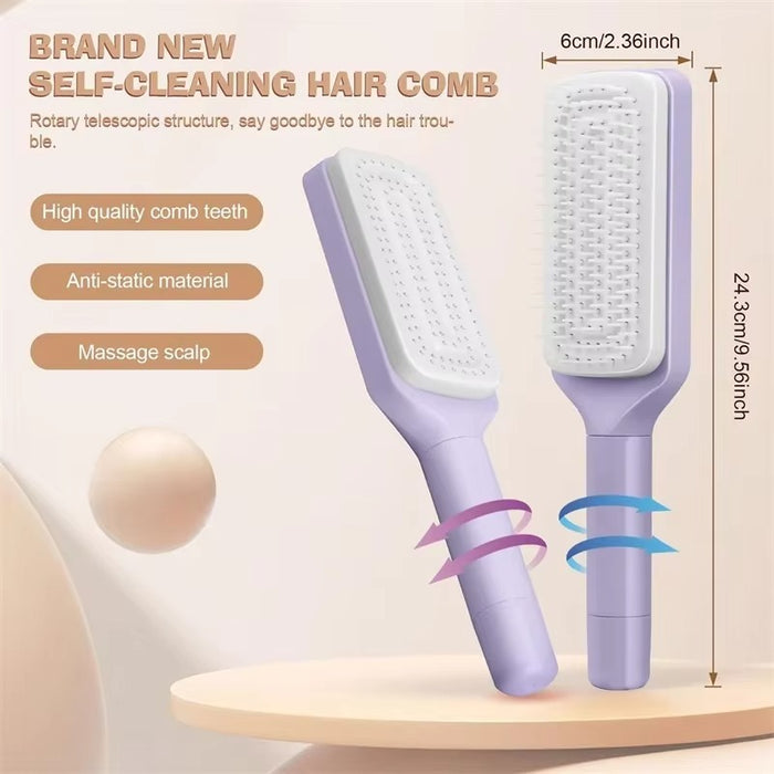 Self-Cleaning Hair Comb with Retractable Teeth — Anti-Static Scalp Massage Brush